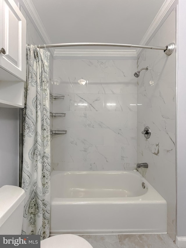 bathroom with shower / bath combination with curtain and ornamental molding