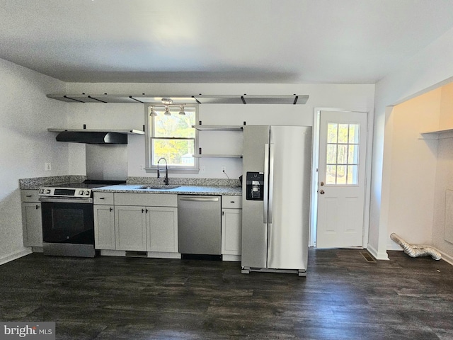 kitchen featuring appliances with stainless steel finishes, range hood, a healthy amount of sunlight, and sink