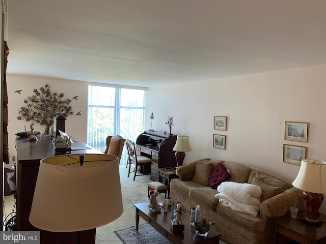 living room with light colored carpet