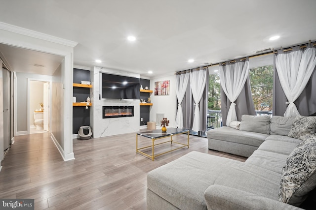 living room featuring hardwood / wood-style flooring, a large fireplace, and crown molding