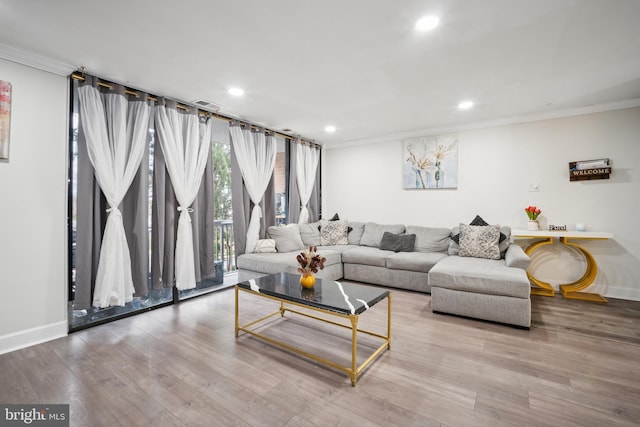 living room with light hardwood / wood-style floors and crown molding