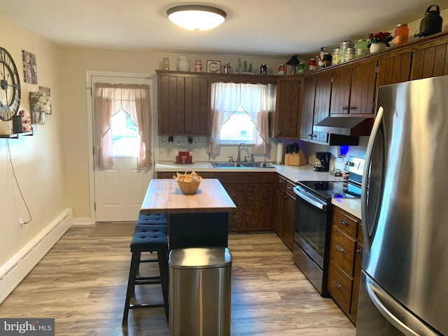 kitchen featuring sink, a center island, wooden counters, appliances with stainless steel finishes, and light wood-type flooring