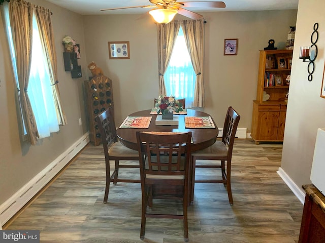 dining room featuring hardwood / wood-style floors, a baseboard radiator, and ceiling fan