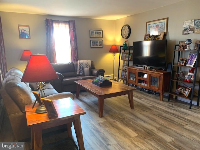 living room featuring wood-type flooring and baseboard heating