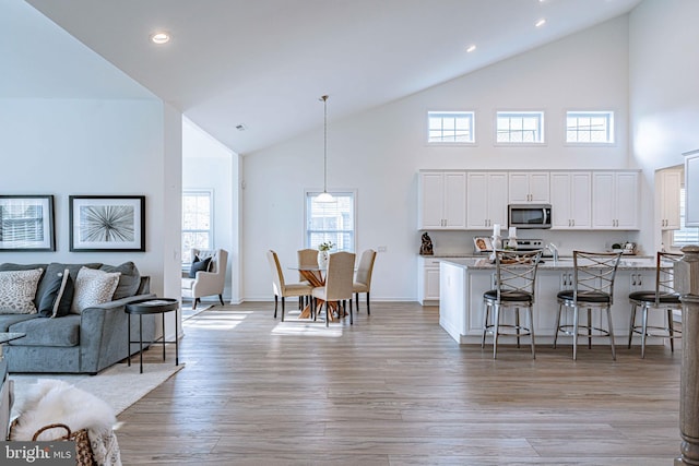 living room with high vaulted ceiling and light hardwood / wood-style flooring