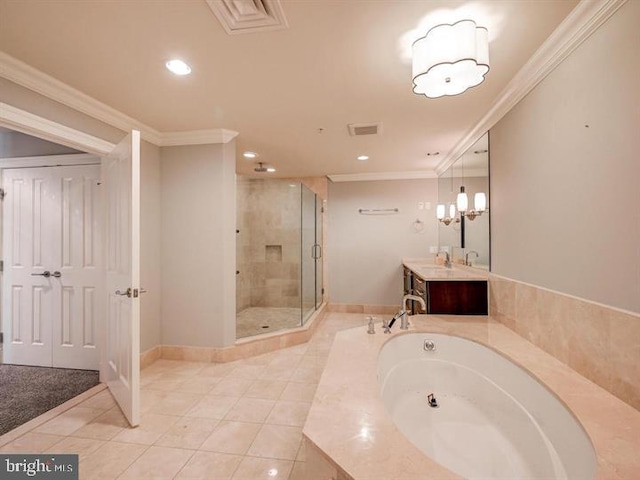 bathroom with tile patterned floors, vanity, ornamental molding, and independent shower and bath