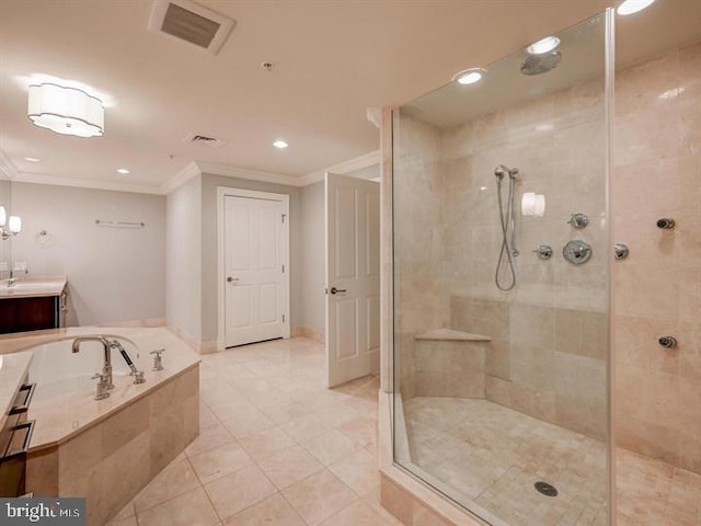 bathroom with tile patterned floors, vanity, independent shower and bath, and ornamental molding