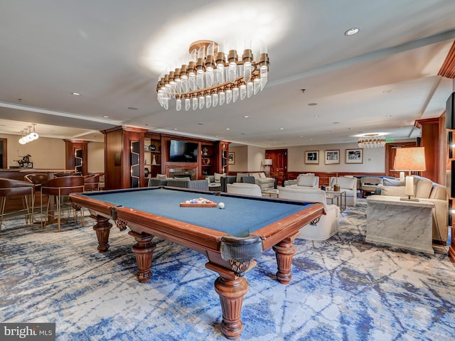 recreation room with indoor bar, carpet floors, and pool table