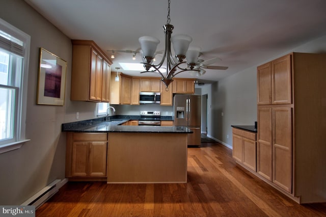 kitchen featuring kitchen peninsula, stainless steel appliances, dark hardwood / wood-style flooring, decorative light fixtures, and a baseboard heating unit