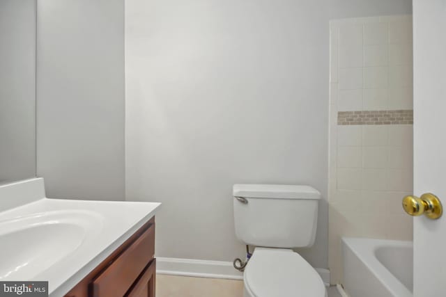 full bathroom with plus walk in shower, vanity, and toilet