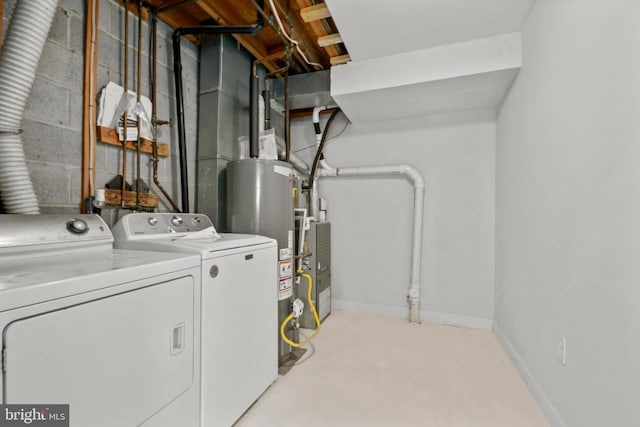 laundry room with water heater and washing machine and clothes dryer