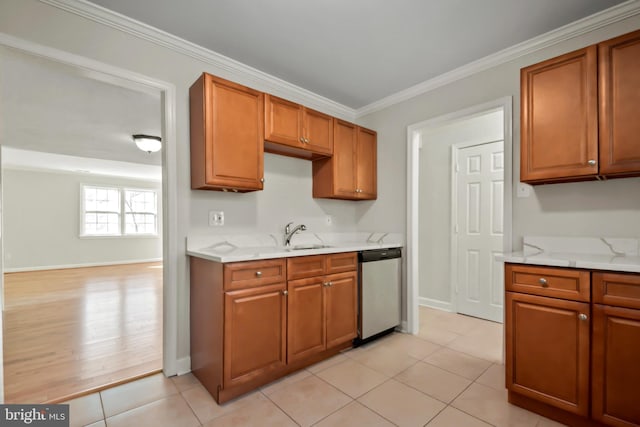 kitchen featuring stainless steel dishwasher, light stone counters, ornamental molding, and light tile patterned floors