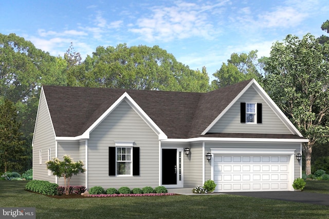 view of front of house with a garage and a front lawn