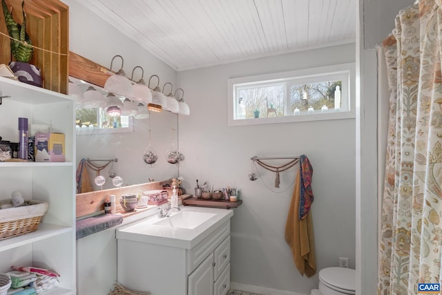 bathroom featuring vanity, toilet, and wood ceiling