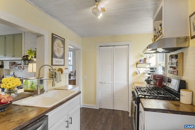 kitchen with wood counters, dark hardwood / wood-style flooring, stainless steel appliances, sink, and green cabinetry