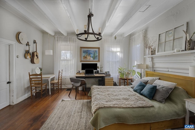 bedroom with a chandelier, beam ceiling, and dark hardwood / wood-style flooring