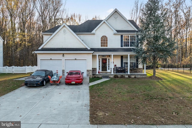 front facade with a front yard, a porch, and a garage