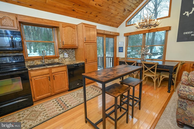 kitchen featuring wood ceiling, a wealth of natural light, sink, and black appliances