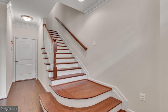 stairs with hardwood / wood-style floors and crown molding