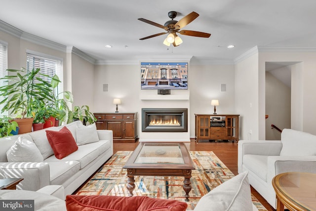 living room featuring ceiling fan, ornamental molding, and light hardwood / wood-style flooring