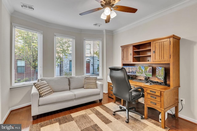 home office featuring crown molding, ceiling fan, and dark wood-type flooring