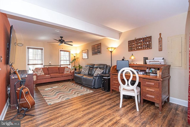 living room with dark hardwood / wood-style floors, ceiling fan, and beam ceiling