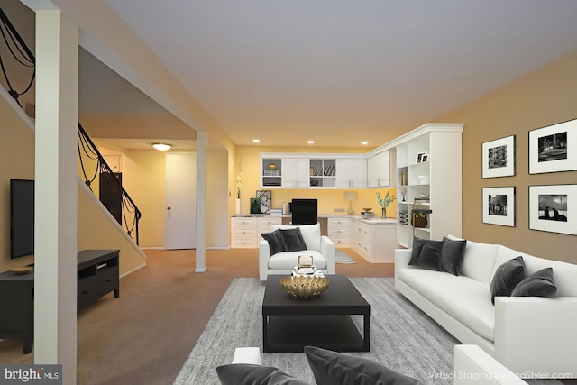 living room with light colored carpet