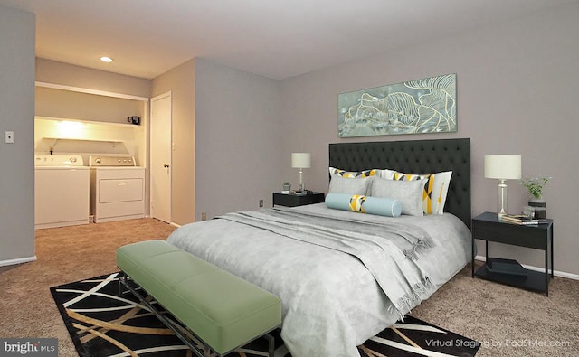 bedroom with carpet and washer and clothes dryer