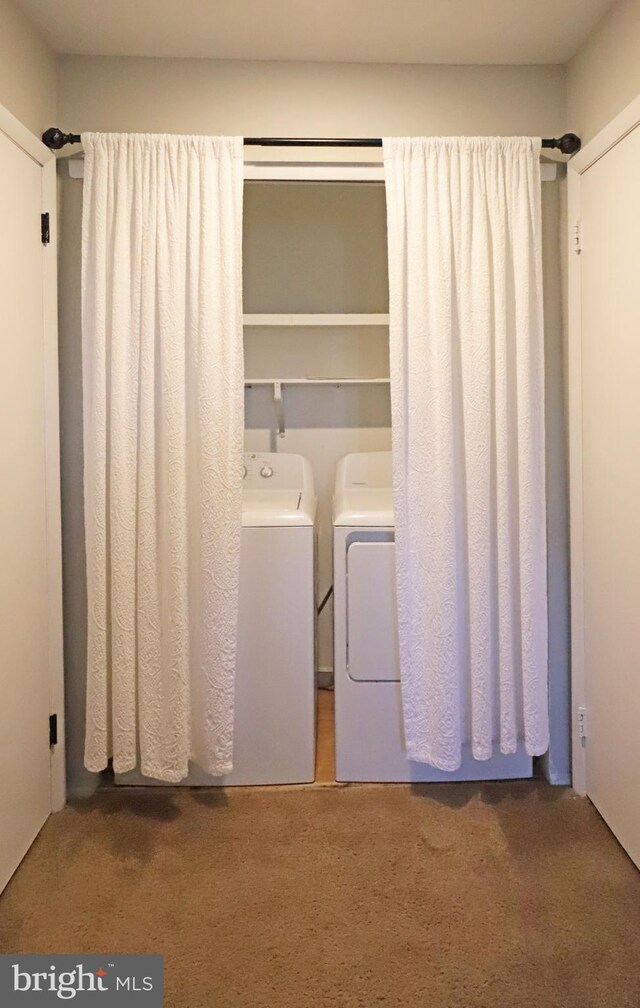 washroom featuring washer and dryer and carpet