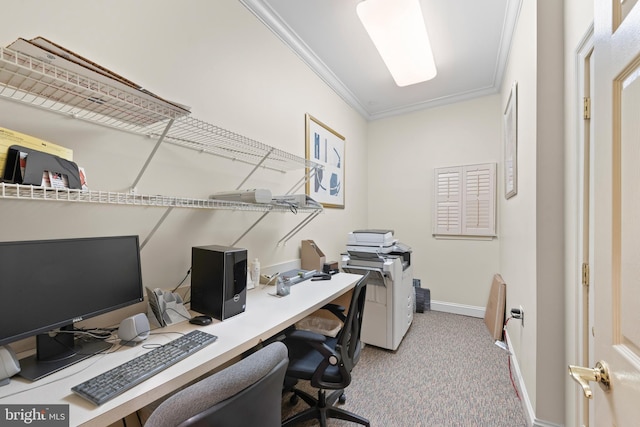 office space featuring light colored carpet and ornamental molding