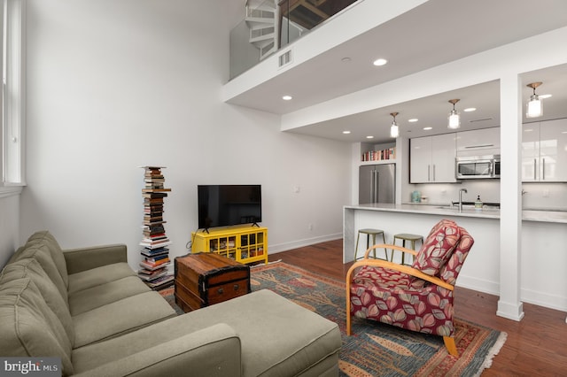 living room with dark hardwood / wood-style floors and sink