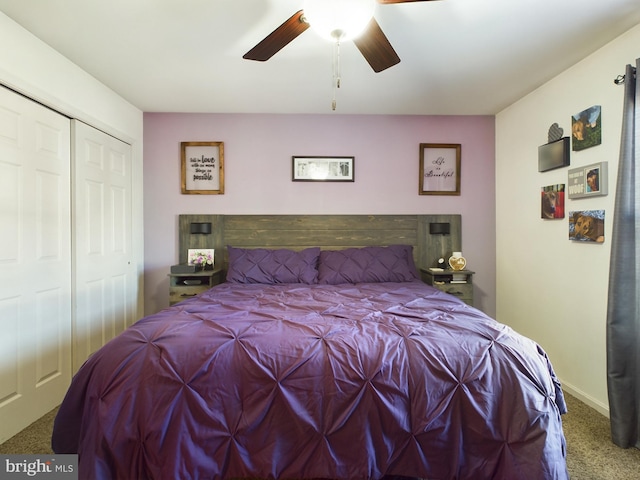 bedroom with ceiling fan, a closet, and carpet floors