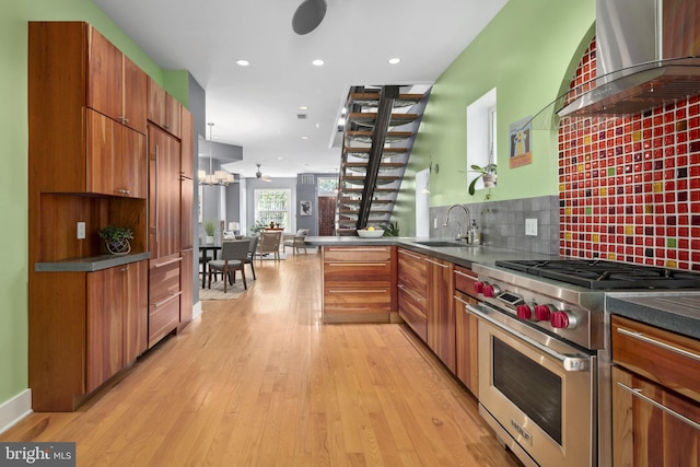 kitchen with sink, premium range, wall chimney range hood, tasteful backsplash, and light hardwood / wood-style floors