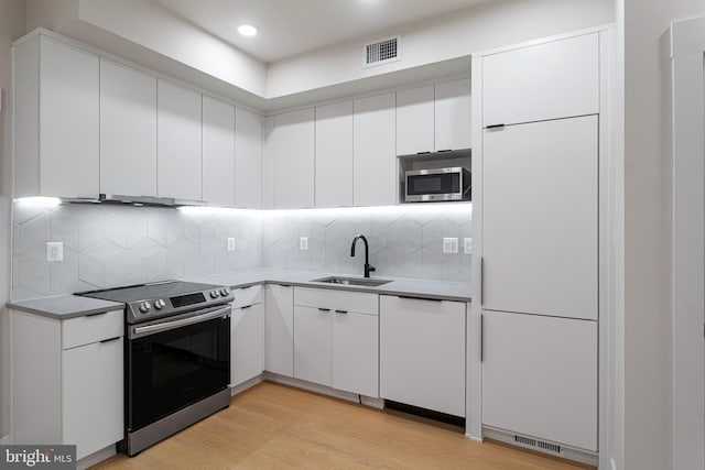 kitchen featuring white cabinetry, sink, light hardwood / wood-style flooring, backsplash, and appliances with stainless steel finishes