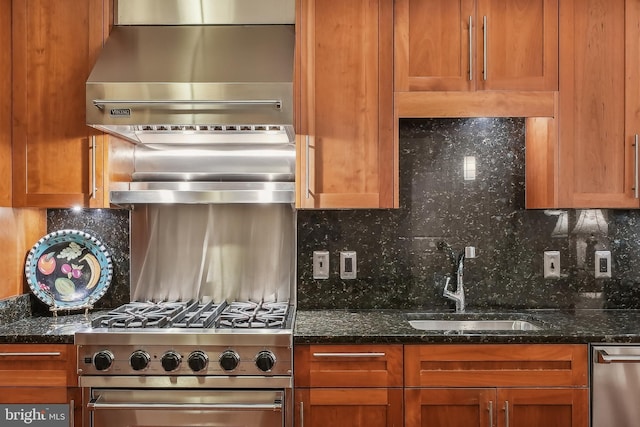 kitchen with stainless steel appliances, dark stone counters, backsplash, and sink