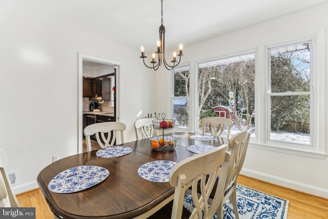 dining room featuring light wood-type flooring and an inviting chandelier