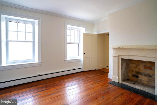 unfurnished living room featuring baseboard heating, crown molding, a high end fireplace, and dark hardwood / wood-style floors