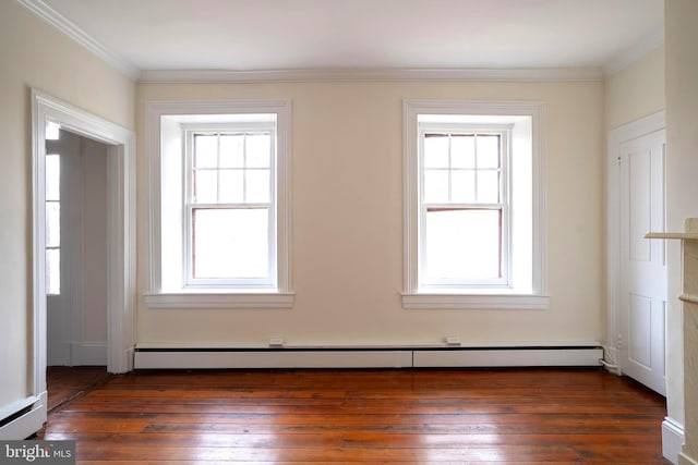 unfurnished room with a baseboard radiator, dark hardwood / wood-style floors, and ornamental molding