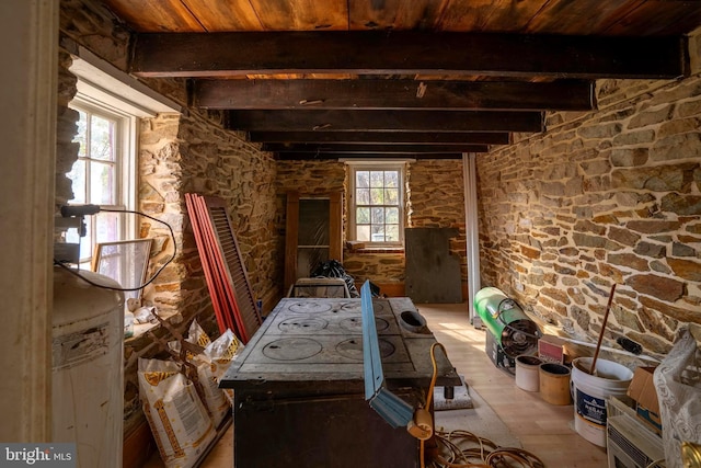 misc room with beam ceiling, light wood-type flooring, and a wealth of natural light