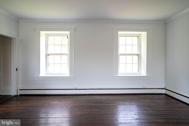 unfurnished room featuring dark wood-type flooring, a wealth of natural light, and a baseboard radiator