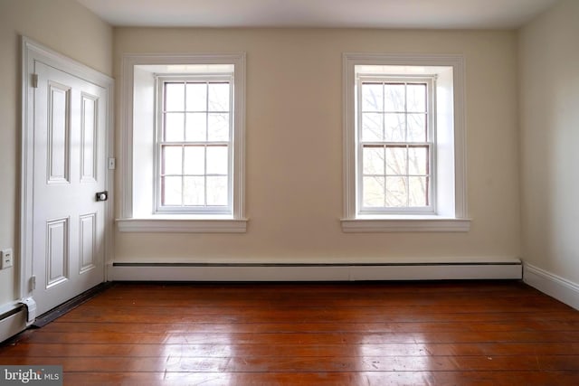 spare room featuring a wealth of natural light, dark hardwood / wood-style flooring, and a baseboard heating unit