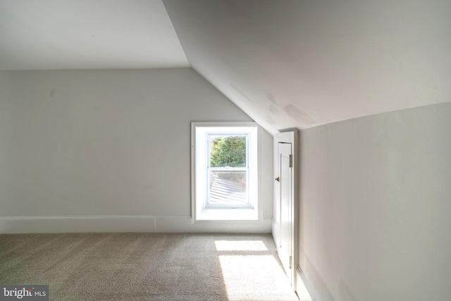 additional living space featuring light colored carpet and lofted ceiling