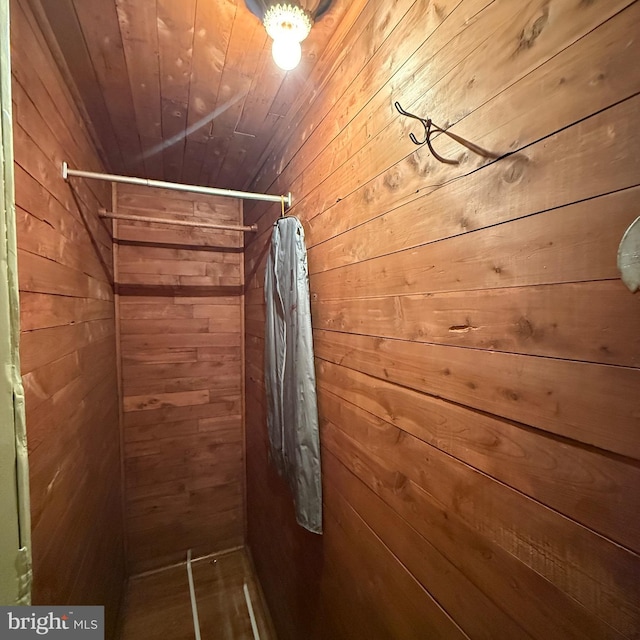 interior space with wood ceiling and wood walls