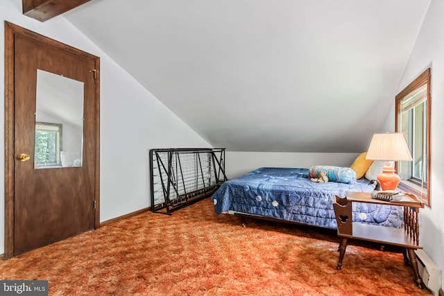 bedroom featuring carpet flooring, vaulted ceiling with beams, and a baseboard radiator