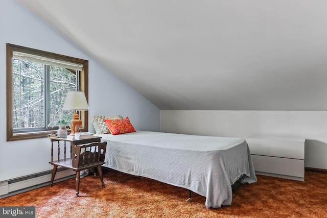 carpeted bedroom featuring vaulted ceiling