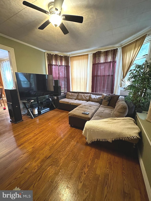 living room featuring ceiling fan, hardwood / wood-style floors, and ornamental molding