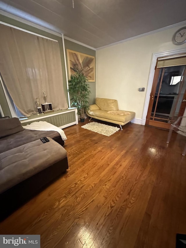 living area featuring hardwood / wood-style flooring, radiator, and ornamental molding