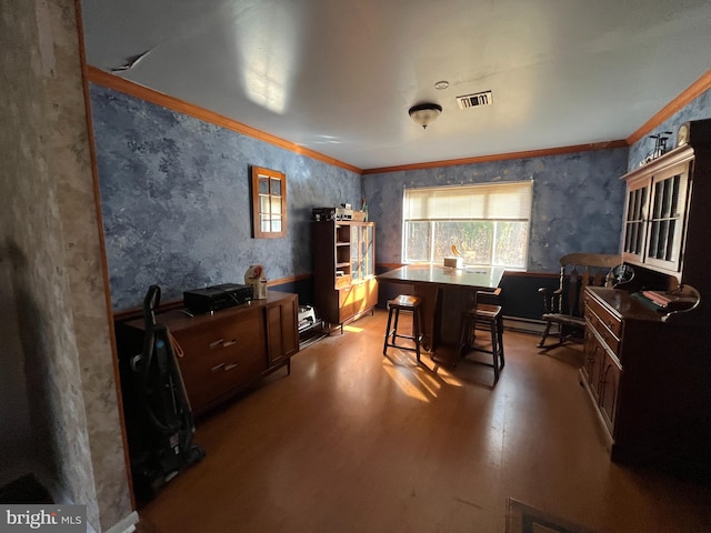 interior space with wood-type flooring and ornamental molding