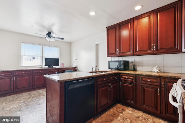 kitchen featuring backsplash, kitchen peninsula, sink, and black appliances