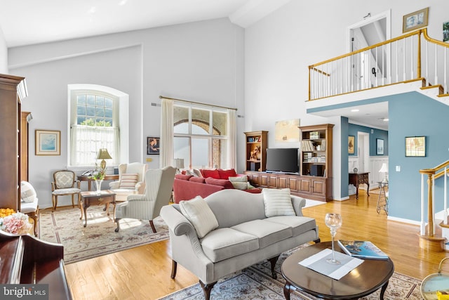 living room featuring high vaulted ceiling and light hardwood / wood-style flooring